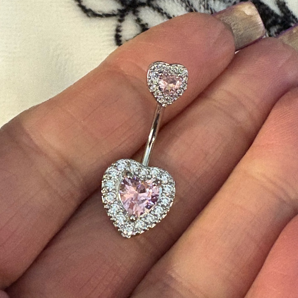 Belly Ring- Pink 2 Heart Shaped Stainless Steel Navel Belly Button Ring,
